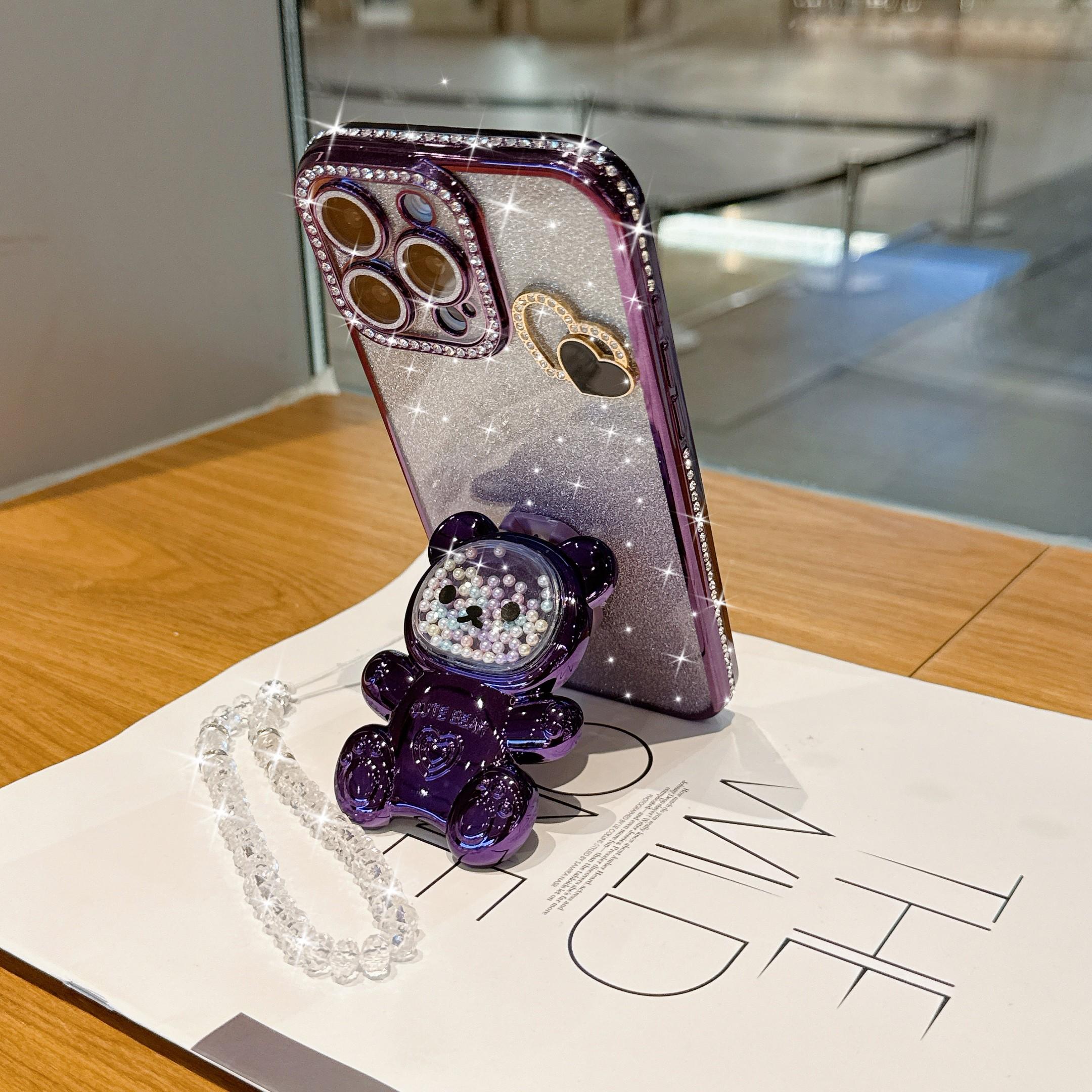 Luxury Blue Bear Stand Phone Case, Gradient Sand Anti-Drop Protection, Crystal Lanyard, Fits iPhone 17pro Max 16pro 15 14 13 12 11