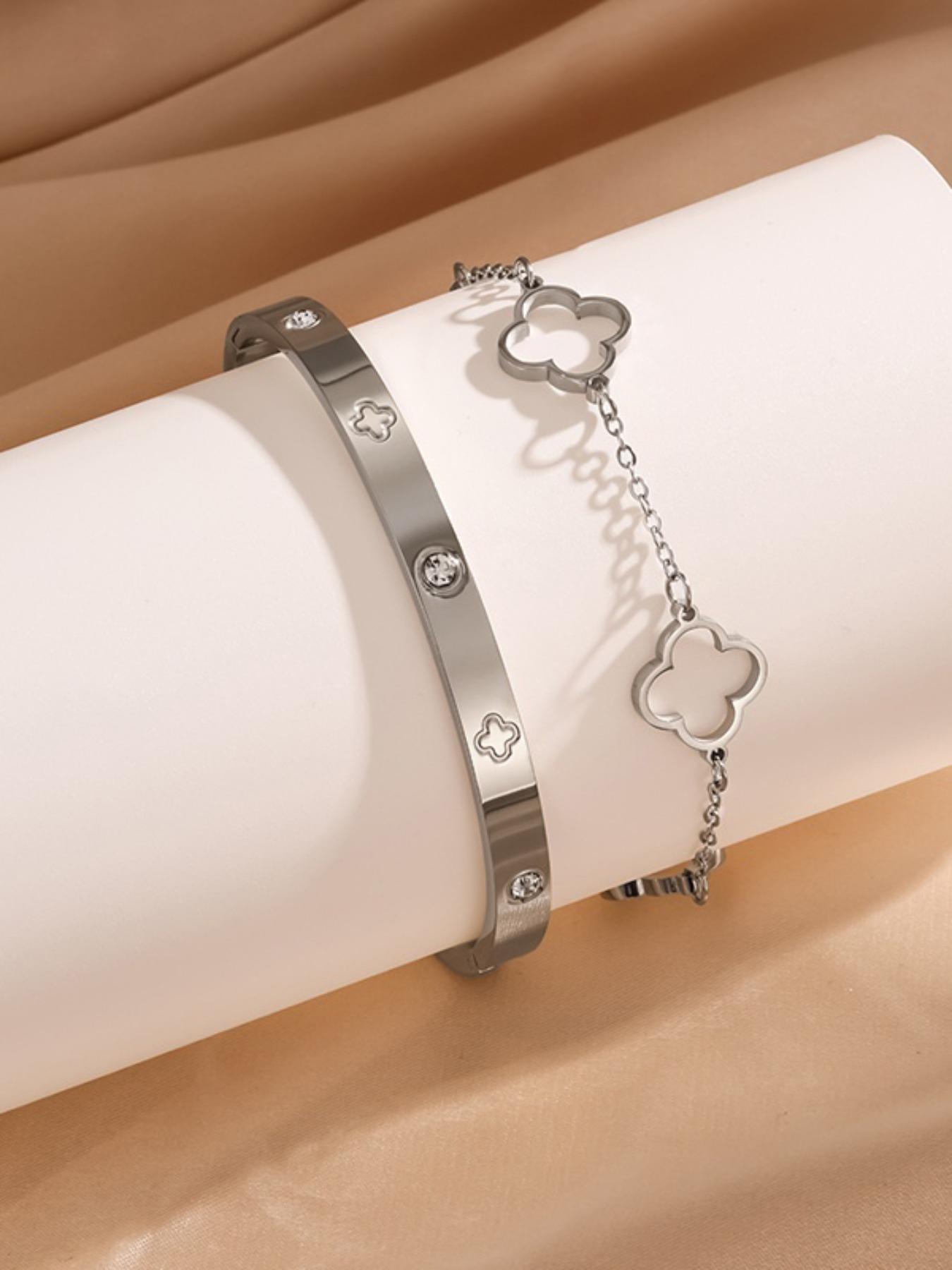 Women's Elegant Four Leaf Clover Design Stainless Steel Jewelry Set, Adjustable Bracelet & Bangle, European Style, Perfect Gift