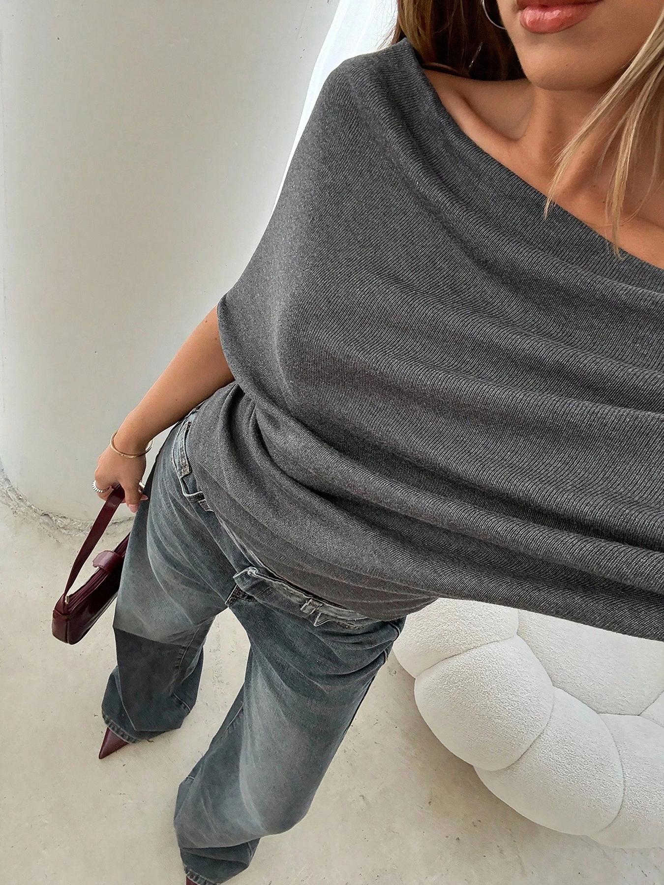 Women's Summer Autumn Plain Casual Asymmetrical Shoulder Batwing Sleeve Knit T-Shirt, Loose Fit Drop Shoulder Short Sleeve Top, Womenswear Women's Summer Autumn Plain Casual Asymmetrical Shoulder Batwing Sleeve Knit T-Shirt, Loose Fit Drop Shoulder Short Sleeve Top, Womenswear