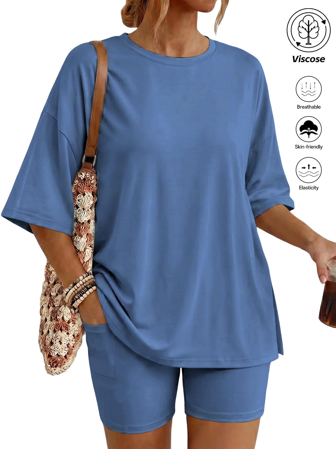 Women's Two Piece Lounge Set Matching, 2026 Summer Casual Basic Oversized Shirts & Biker Shorts, Fitted Plain Design, Perfect for Airport Travel Womenswear Clothes