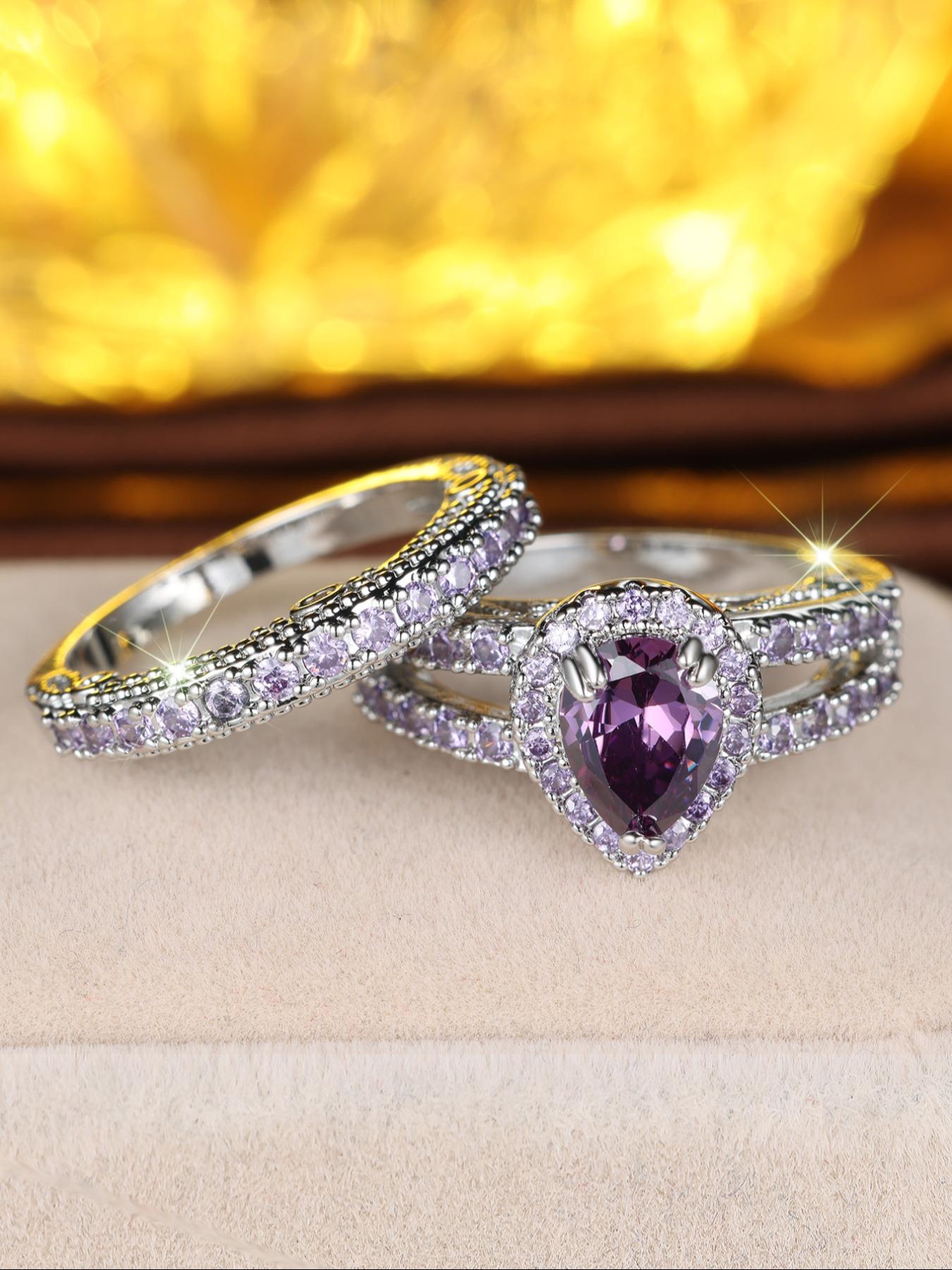 2-piece ring set, purple teardrop synthetic zircon inlay engagement ring, stackable rings for women, Artificial Gemstone Ring, exquisite birthday anniversary gift for her
