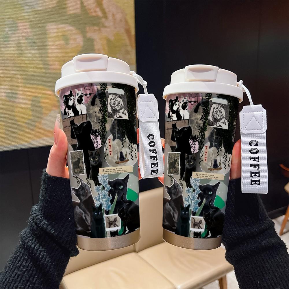 Abstract Cat Texture Coffee Cup, Portable Dual Drink Insulated Tumbler, Heat/cool Keeper, Boho Style, Office, Travel, Outdoor Essential