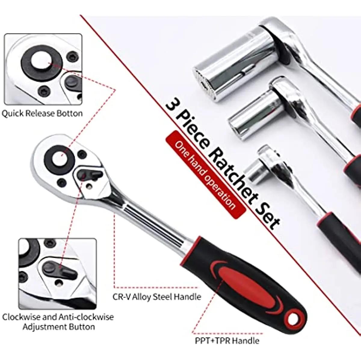 1/4 3/8 1/2 Inch Ratchet Wrench , 24 Tooth Transmission Ratchet Socket Wrench Tool, Multi-Functional DIY Manual Tool Handle Wrench, Socket Wrench Set, Ratcheting Wrench Set