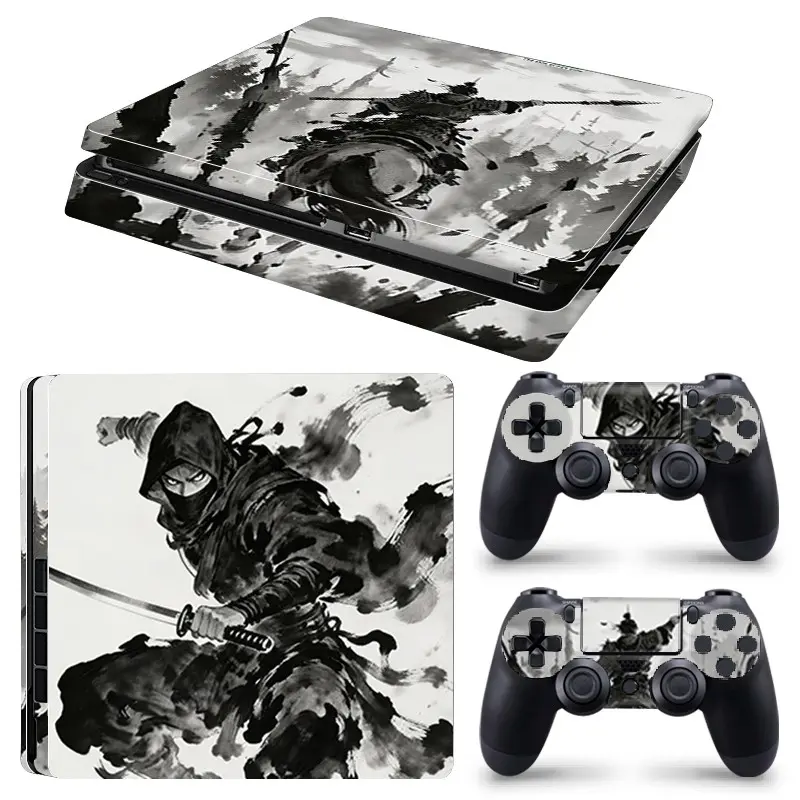 Black White Oriental Ink Style Art Vinyl Skin Cover for PS4 Slim Console and Wireless Controllers, Waterproof, Scratch-Proof & Long Lasting, Removable Without Residue Game Console Decor Sticker