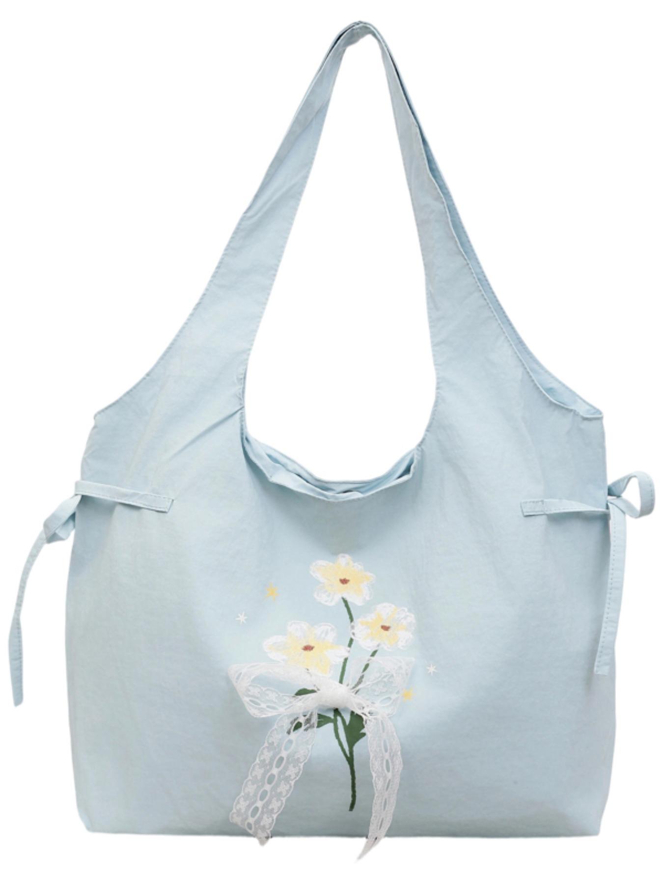 Lightweight Nylon Tote Bag, Floral Butterfly Knot Design, Casual Sweet Shoulder Bag, Ideal for Shopping and Daily Use, Perfect for Students