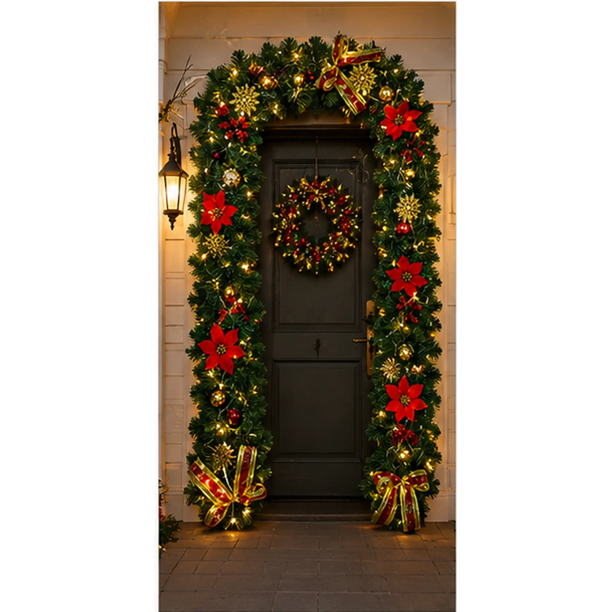 Pre-Lit Christmas Garland with Glowing Lights, Red Poinsettias, Gold Snowflakes, Bows, Ornaments, Artificial Green Holiday Decor for Front Door, Staircase, Indoor Outdoor Use, Flexible Length
