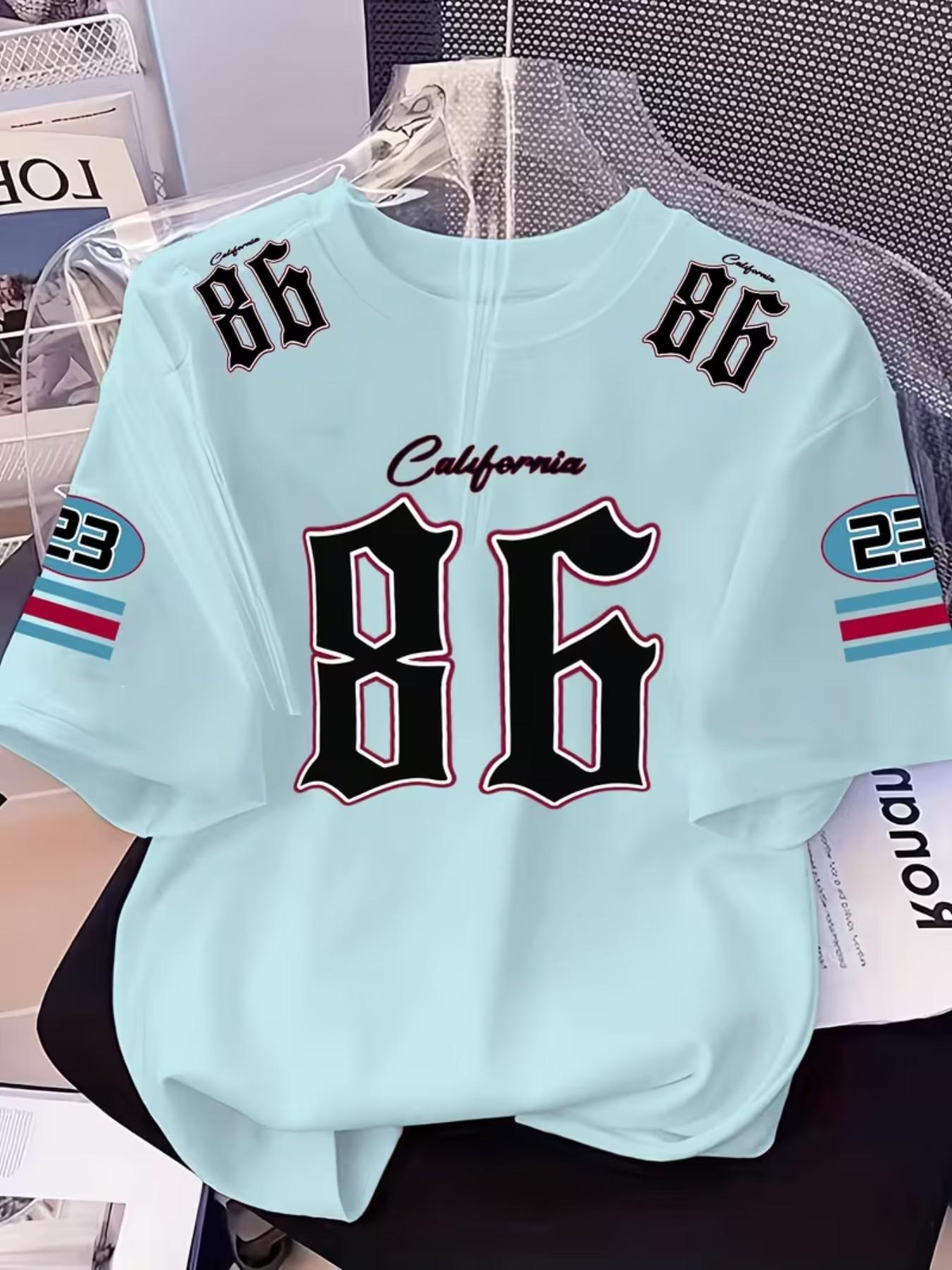 86 Number Multi-Print Trendy Graphic Tee, Fun and Playful European Style Round Neck T-Shirt, Casual Slim-Fitting Top Without Zipper or Collar