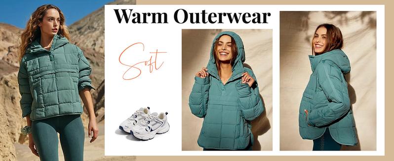 UANEO Women's Oversized Puffer Jacket with Hood, Lightweight Quilted Pullover Hoodie, Dolman Long Sleeve Warm Fall Winter Coat Outerwear Casual