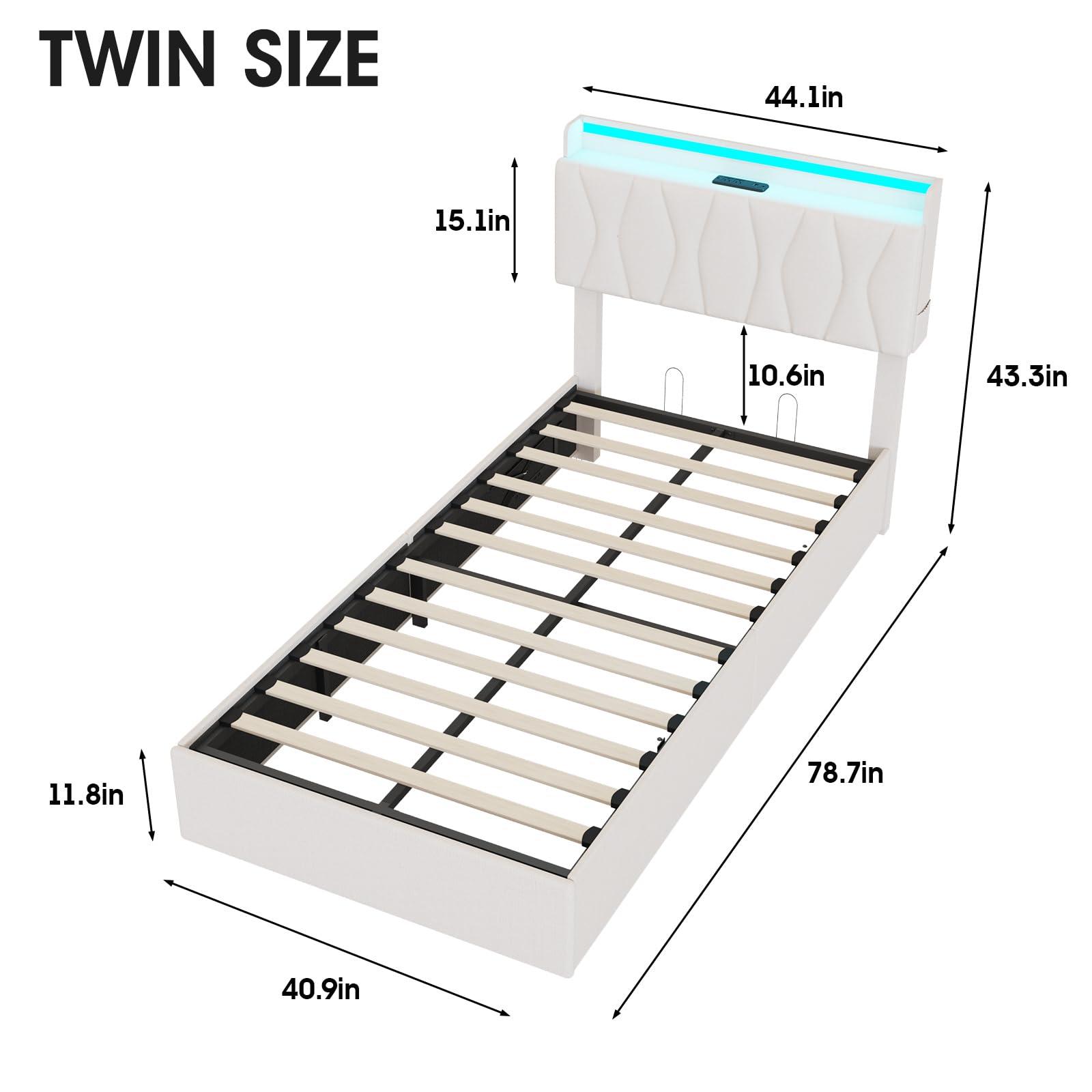 Vabches Lift Up Storage Bed Frame with Adjustable Headboard, Charging Station, LED Lights, Wood Slats, Noise-Free, No Box Spring Needed