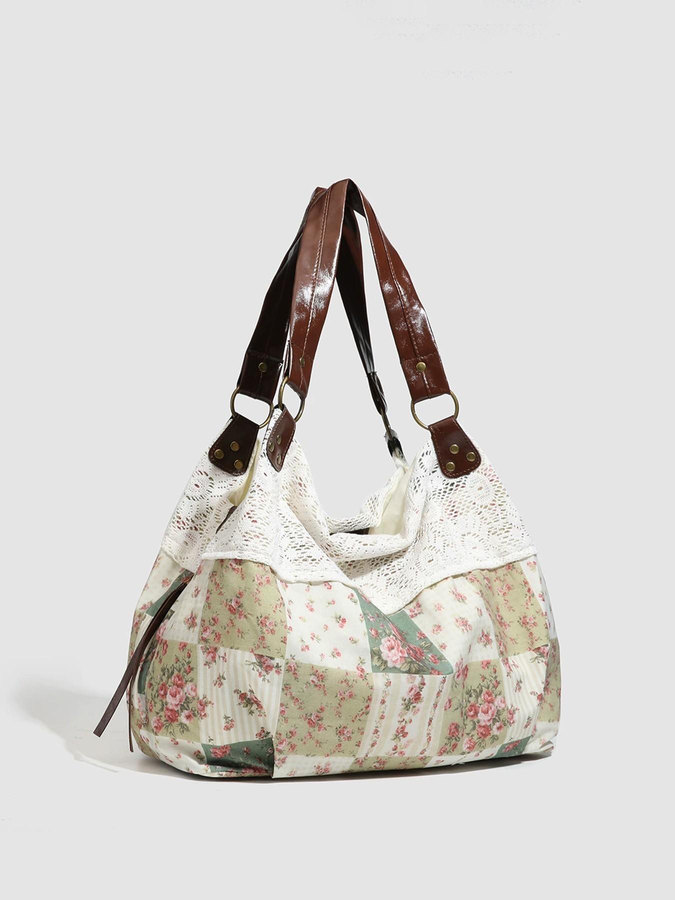Women's Vintage Floral Patch Lace Patchwork Underarm Tote Bag, Faux Leather Large-Capacity Retro Purse for Commute, Shopping, Ideal Holiday Gift for Ladies, Daily Use