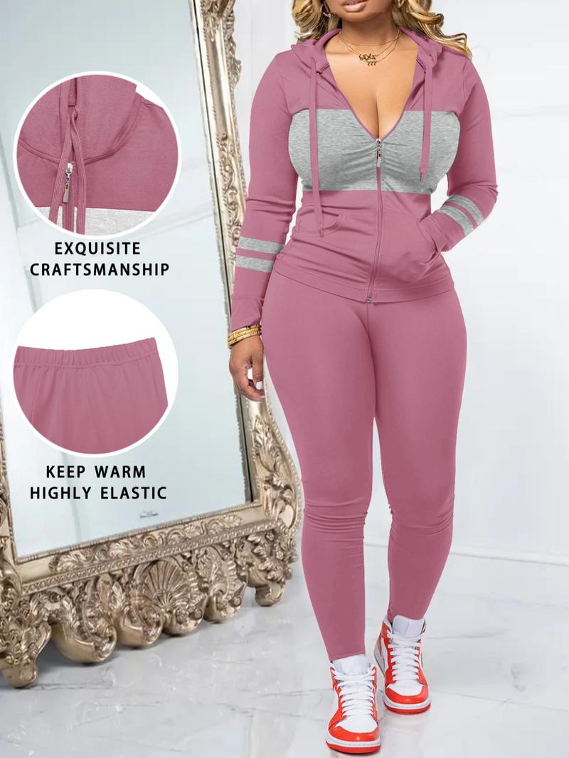 Women's Fall Zipper Hoodie and Skinny Pants Set, Casual Long Sleeve Pullover with Pocket Design, Two-Piece for Daily Wear