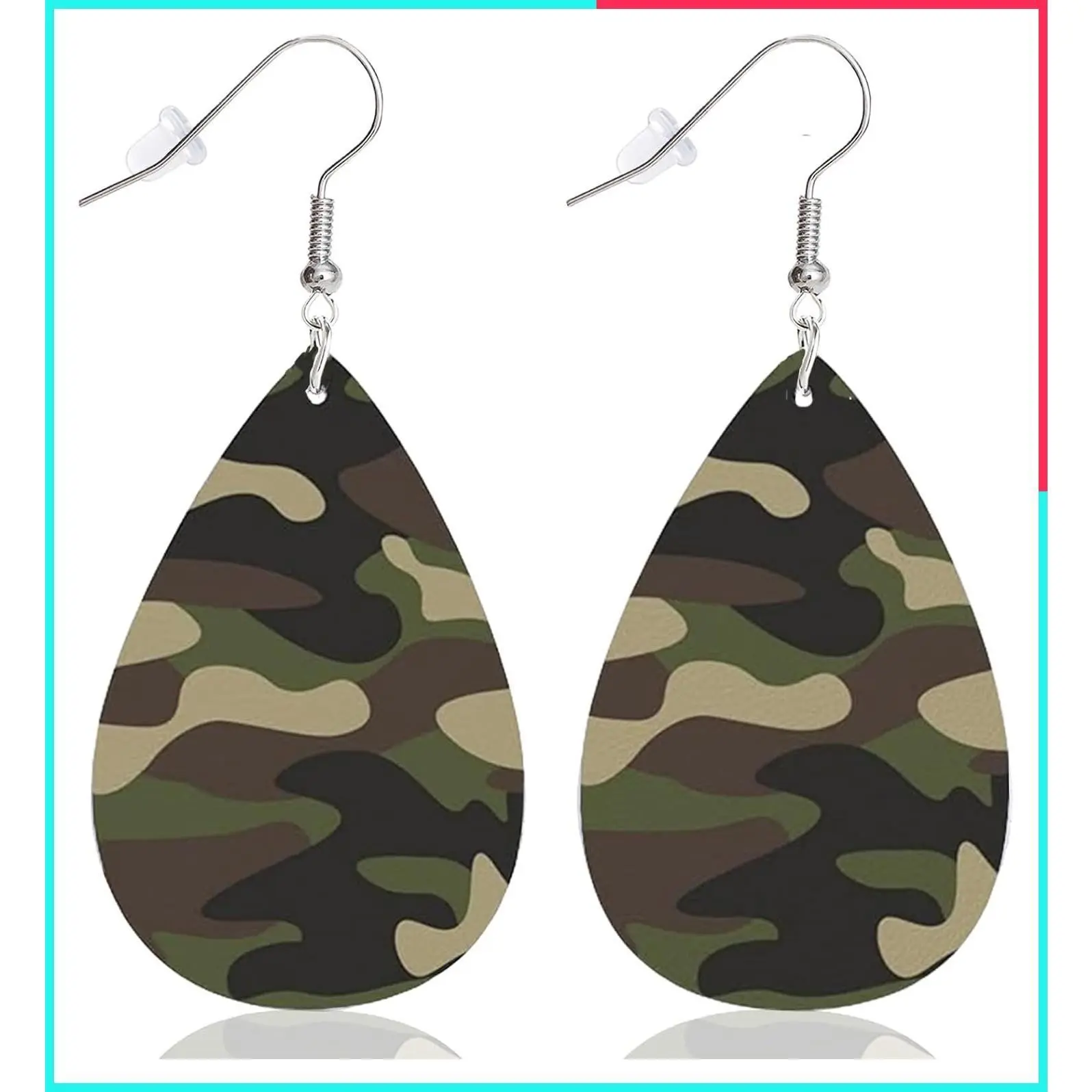 Camouflage Army Green Teardrop Leather Drop Earrings for Women, Trendy Military Style Lightweight Dangle Earrings, Veterans Soldier Jewelry Gift, Everyday Outfits Accessories
