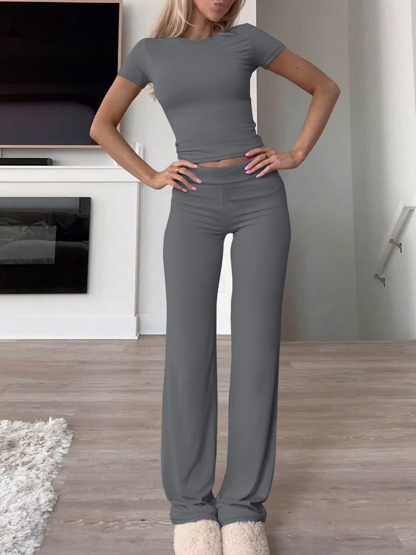 Women's Solid Color Top & Pants Two-piece Set, Casual Fashion Cozy Breathable Two Piece Outfits for Daily Outdoor Wear, Ladies Clothes for All Seasons,Airport Outfit