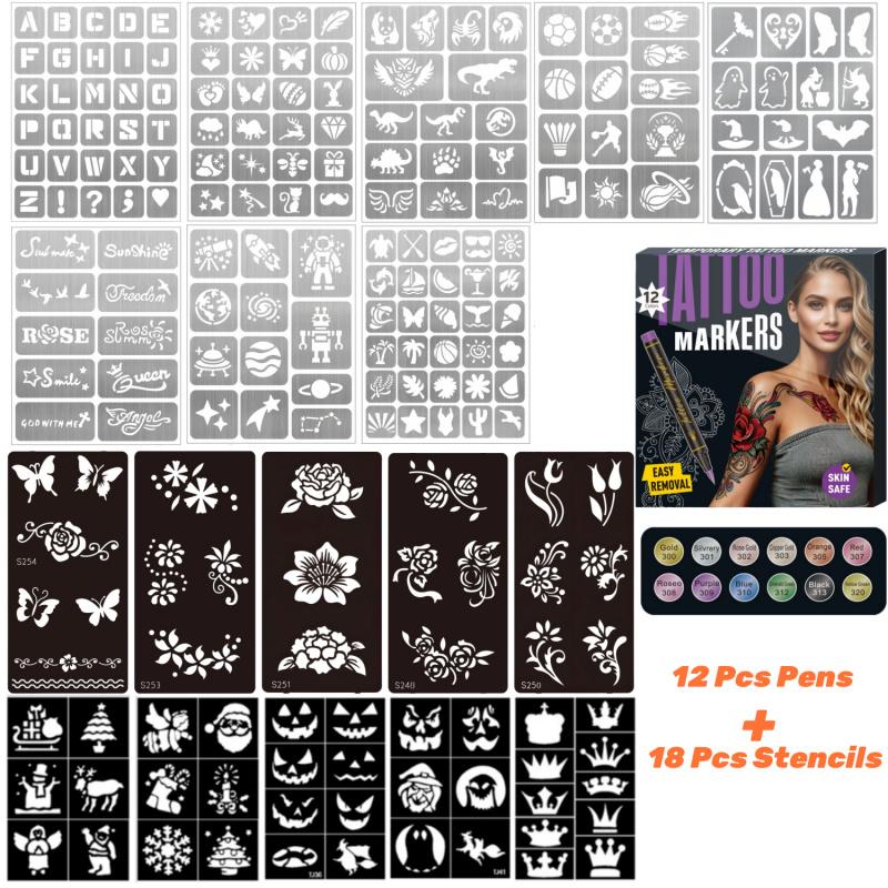 Temporary Tattoo Markers,10/12/18/24 Colors Metallic Markers,Tattoo Stencil, Cosmetic Tattoos Pens,Flexible Brush Tip, Bright colors, Face Paint Kit Cosmetic Quality,Christmas gifts