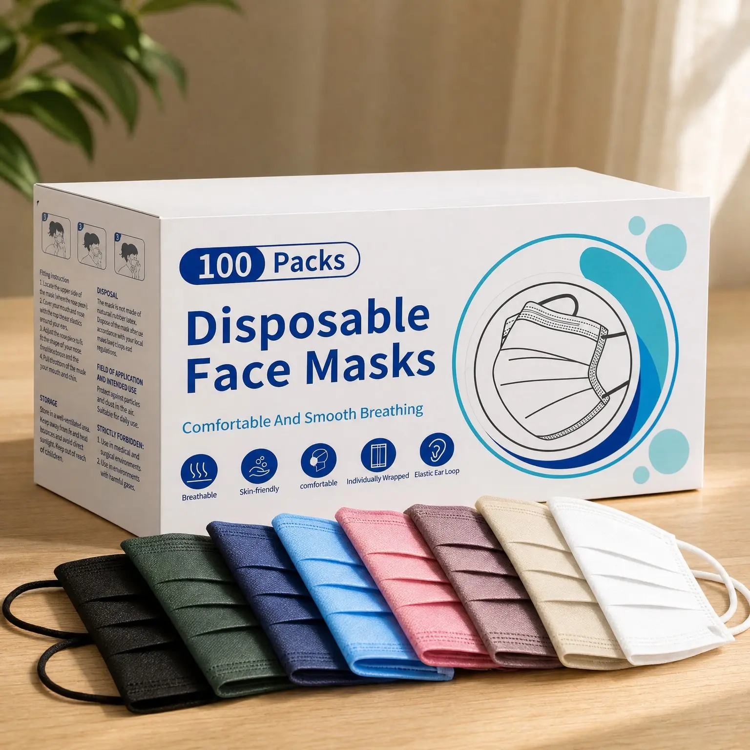 Disposable Safety Face Masks for Adults - 100 Pack Individually Wrapped, 4-Ply Protection, Travel EssentialsGift