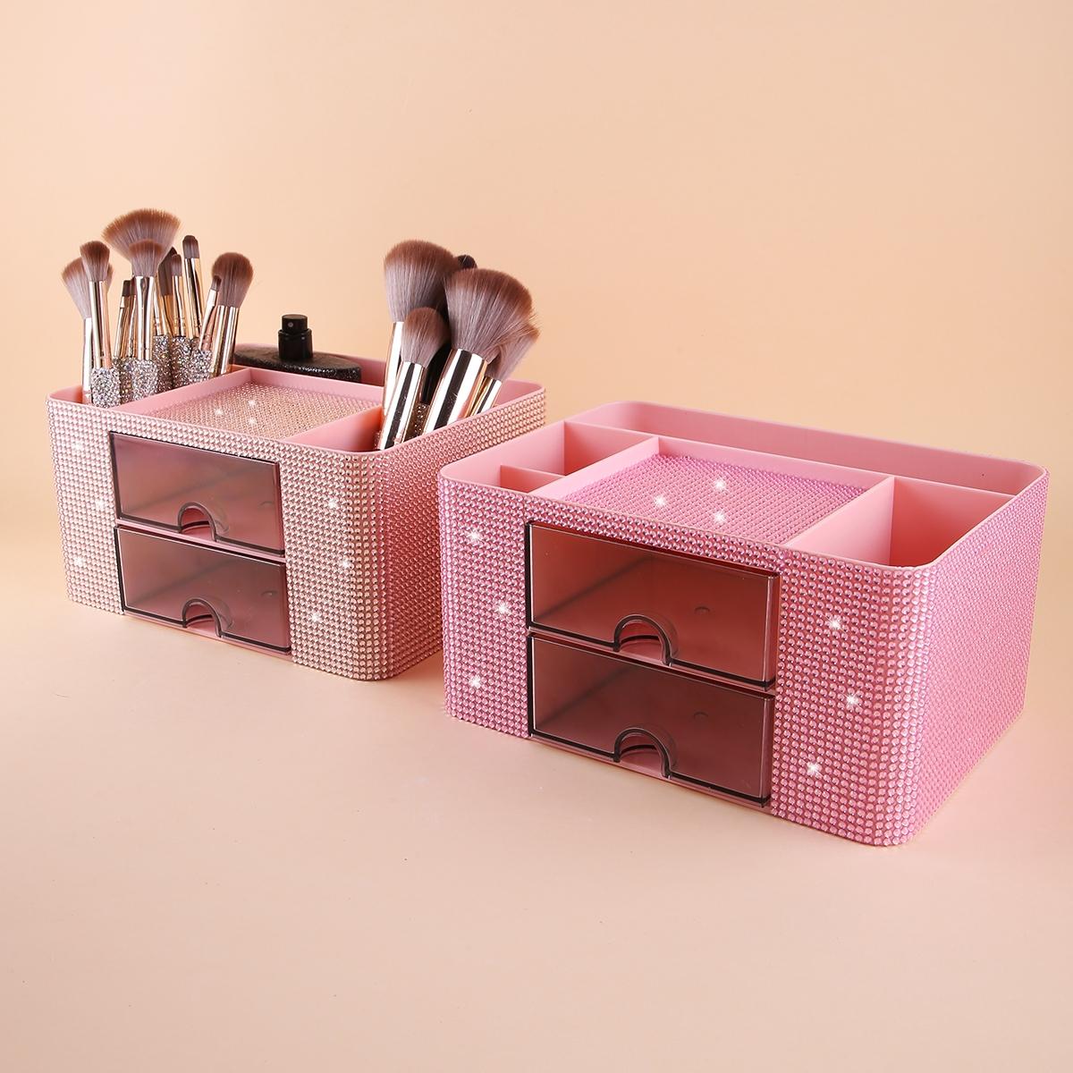 Diamond Embellished Storage Box with Drawer, Multi-Compartment Design, Makeup Brush Organizer, Cosmetic Holder, Bedroom Vanity Tray