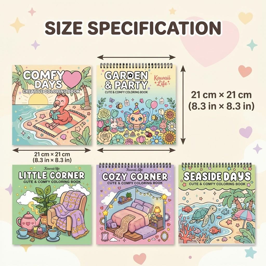 Kawaii Coloring Book - 5pcs Garden, Seaside days, Cozy Corner & Comfy Days Themes - Exquisite Illustrations with Clear Lines, Super-Sensitive Opaque Paper - Stress Relief, Relaxation, Fun for Teens, Adults & Seniors - Perfect Gift for Birthdays, Holidays