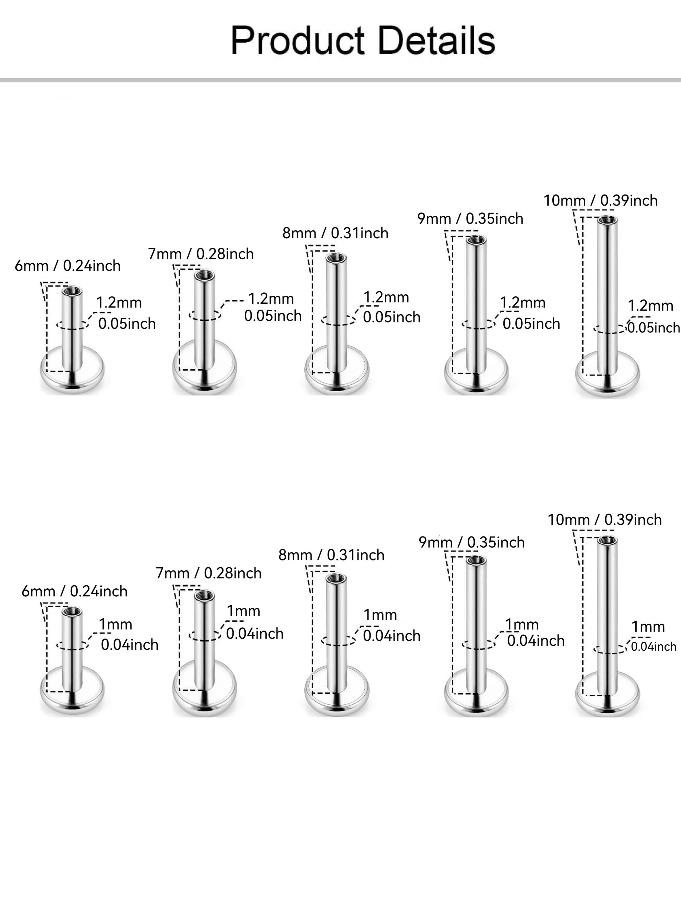 Titanium Threadless Internally Threaded Flat Back Stud Earrings 18G 16G Labret Post in 6mm 7mm 8mm 9mm 10mm for Cartilage Helix Conch Tragus Nose Lobe Medusa Piercing Jewelry
