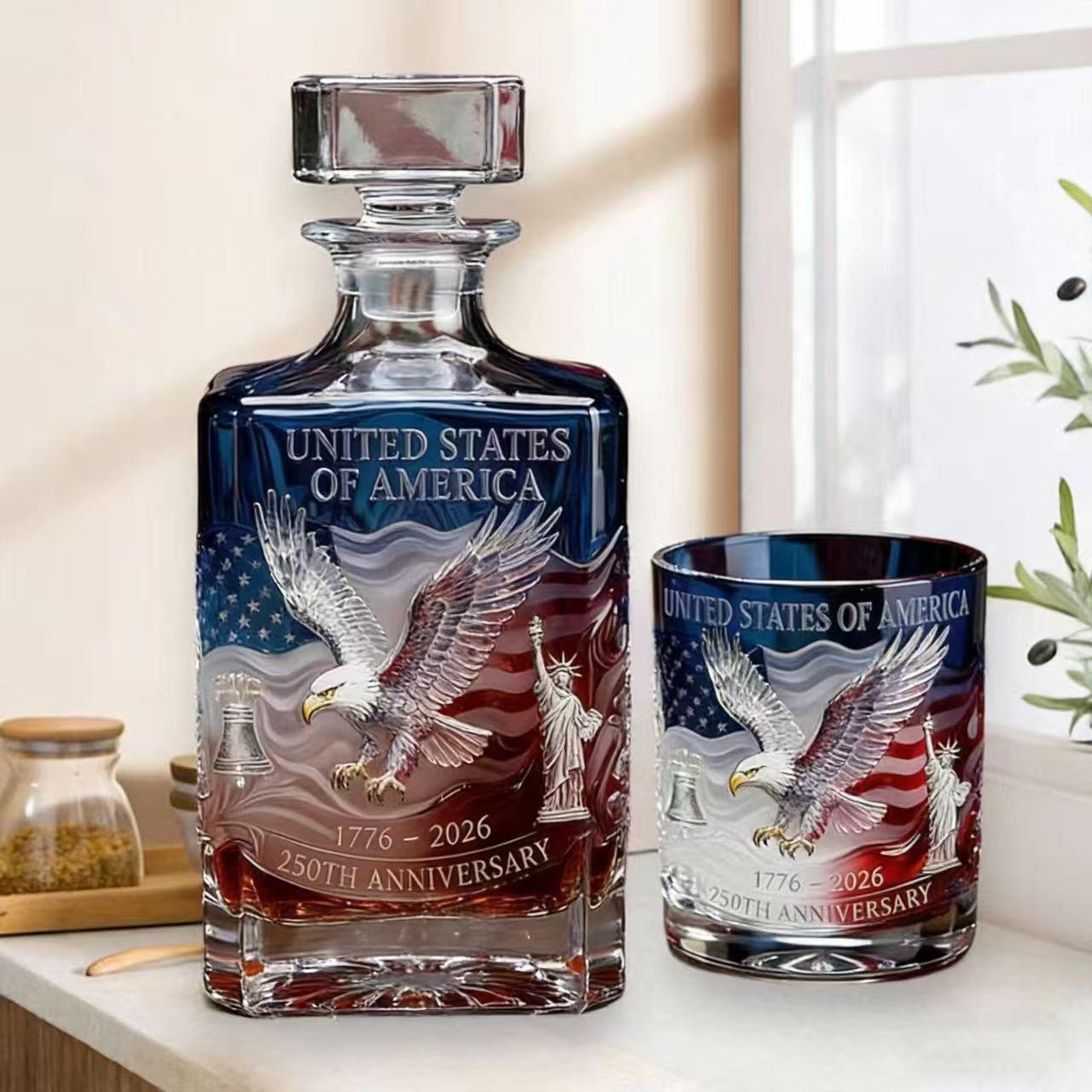 Usa 250th Anniversary Whiskey Decanter & Glass Set, Us Flag Bald Eagle Statue of Liberty, Patriotic Home Bar Gift for Husband, Dad, Groomsmen, Military Containers, Barware