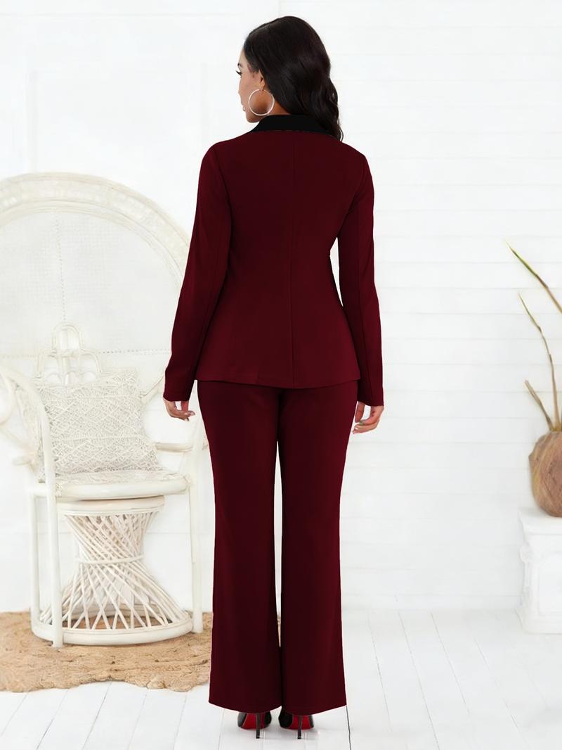 Business Style Spring Summer Trendy Women's Two-Piece Set, Colorblock Lapel Button Long Pants, Commuter Professional