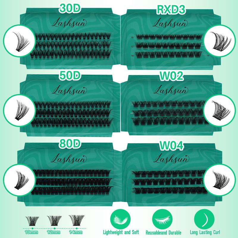 Mixed Length & Styles Individual Lashes Clusters DIY Lash Extensions Kit, 16pcs/set D Curl Cluster Eyelashes & Bond & Seal Lash Glue & Lash Remover & Lash Brush & Tweezers, Makeup Products