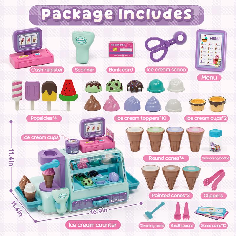 Lehoo Castle 45 pcs Ice Cream Toys, Ice Cream Counter Playset with Sound and Light, Pretend Play Toy, Complete ice cream stand, Gift for Boys and Girls age3+