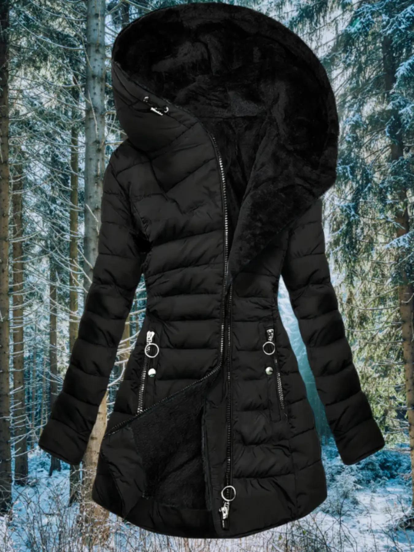 Women's Fleece-Lined Hooded Jacket, Asymmetric Zipper, Slim Fit Casual Mid-Length Coat, Windproof Warm Outerwear for Winter Daily Use and Outdoor Activities