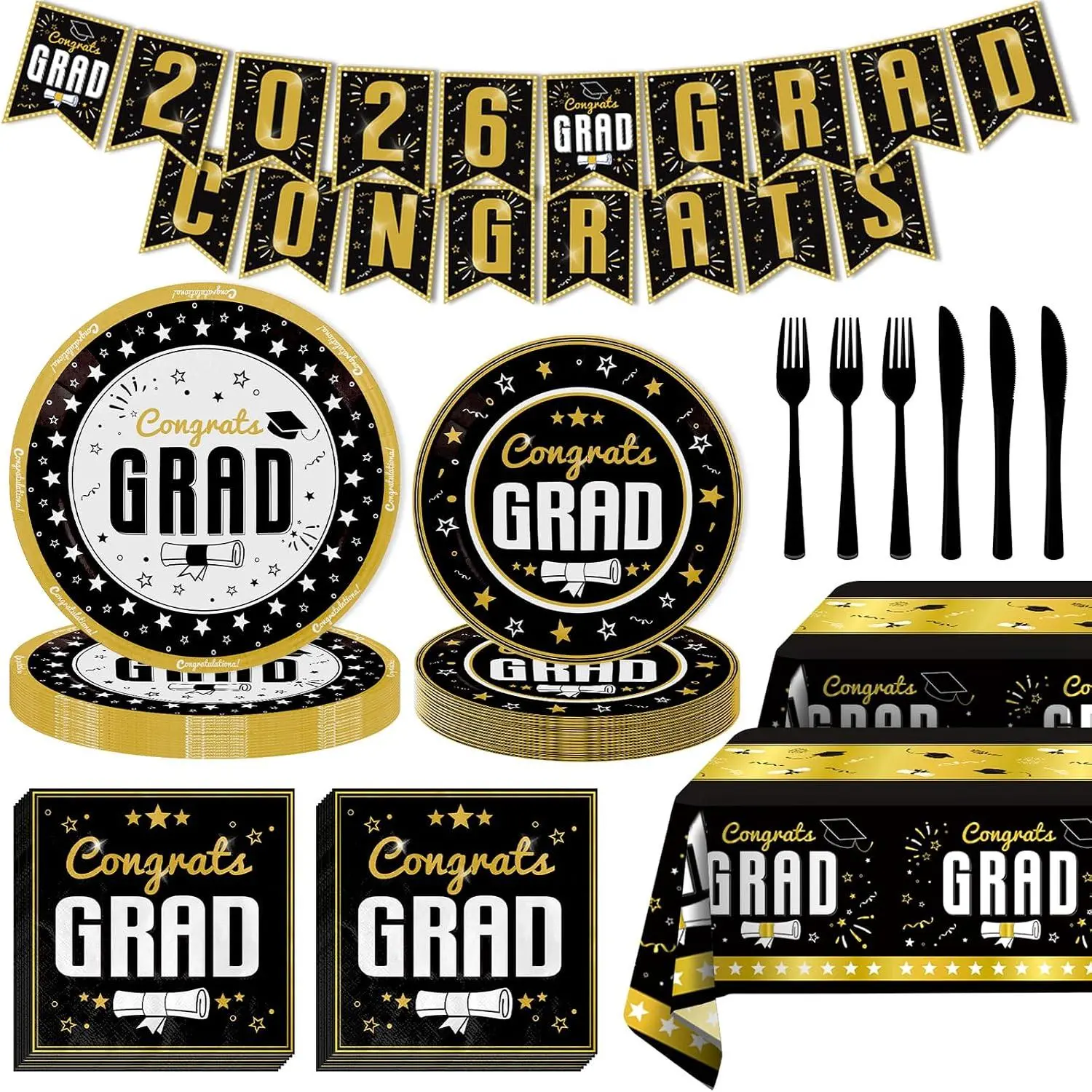 128 count Graduation Party Decorations 2026 Black and  Grad Party Supplies with Disposable Plates, Napkins, Tablecloth,  and fork,and Congrats Grad Banner,Serve 25