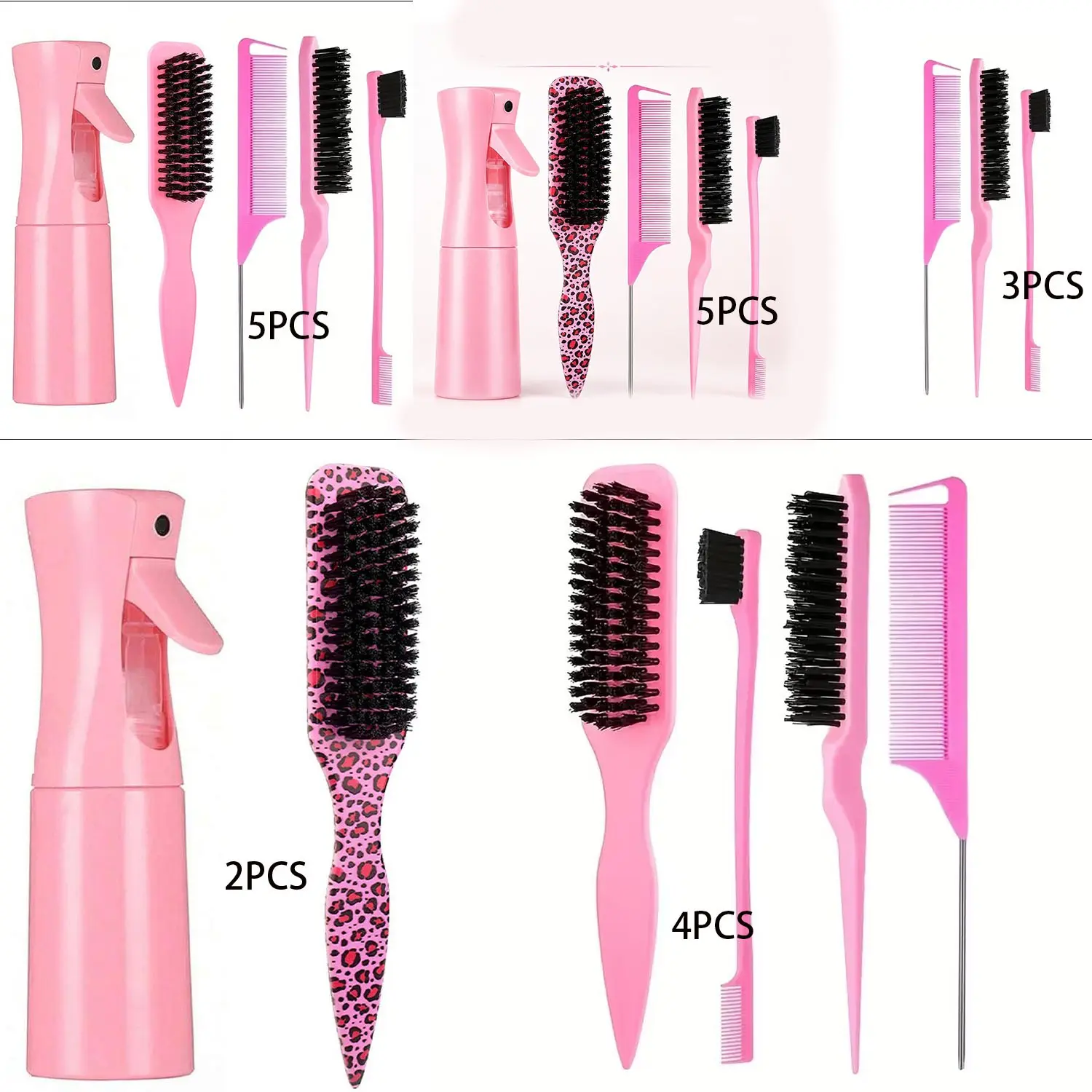 2/3/4/5Pcs Hair Styling Tools Set, Heatless Styling Tools, Pink Detangler Brush, Rat Tail Comb, Teasing Brush, Edge Brush & Fine Mist Spray Bottle, Salon Haircare for Women