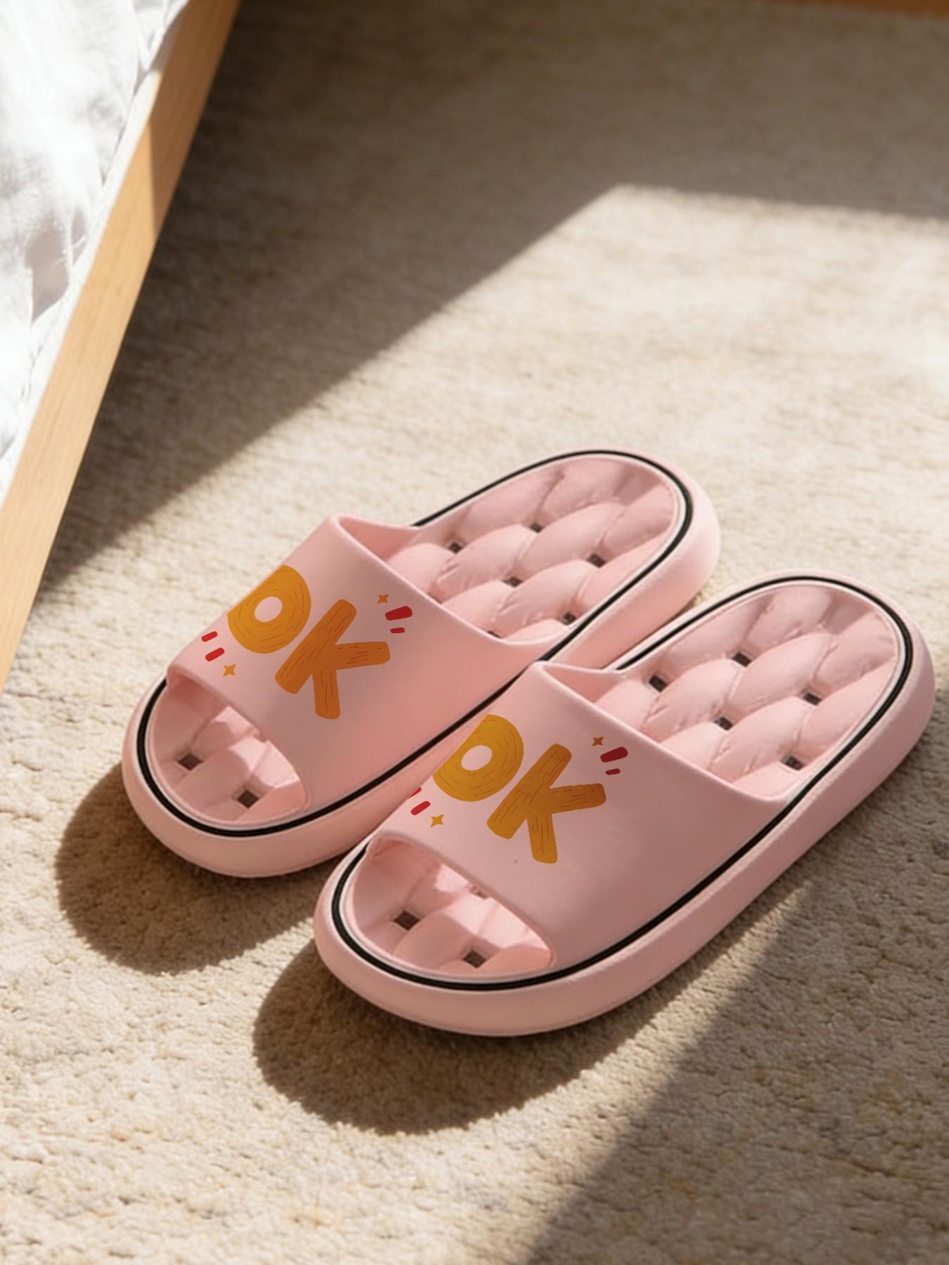 1 Pair OK Letter Printed Hollow Massage Thick Sole Slippers, Minimalist Vitality Style, Non-slip Soft Sole, Quick-dry for Bathroom, Indoor & Outdoor Dual-use, Open Toe Slides, Bathroom Casual Slippers
