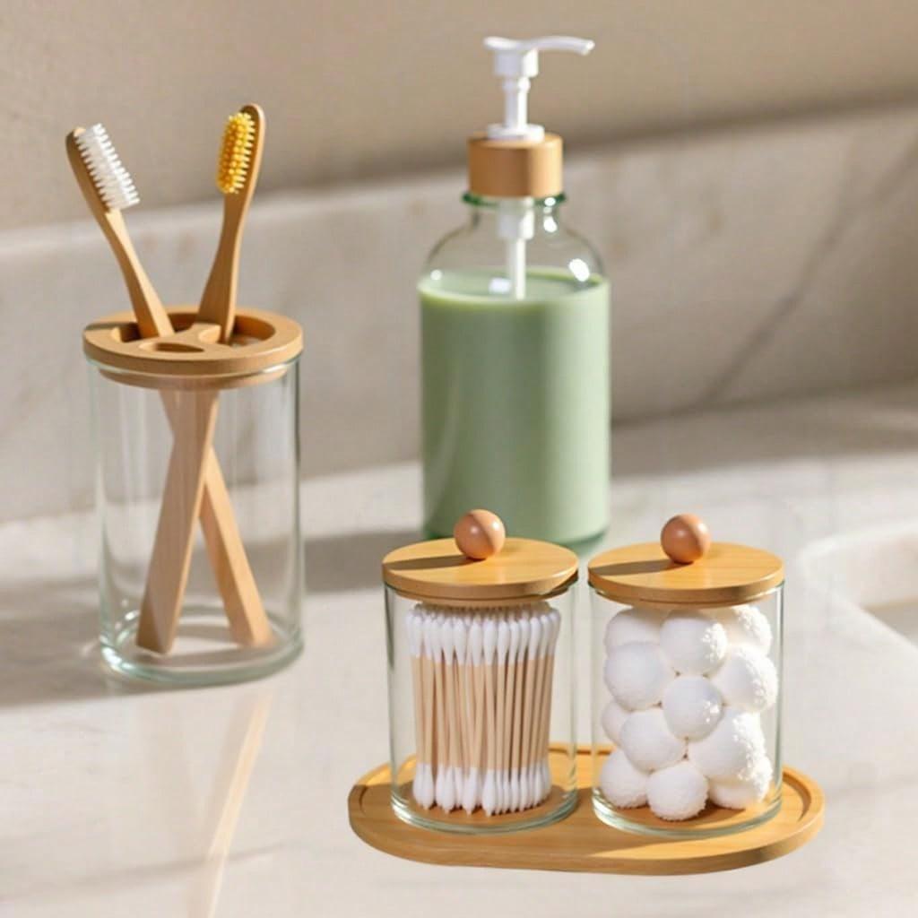 5 Pack Bamboo Bathroom Accessories Set With Tray, Plastic Soap Dispenser, Clear Toothbrush Holder And 2 Qtip Holder Cotton Ball Container Jar