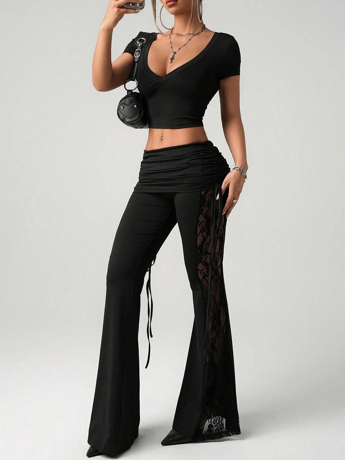 Women's Lace Side Stripe Beach Vacation Pants, Sexy Waist Drawstring Adjustable Flare Leggings, Casual Slim-Fit All Season Wear