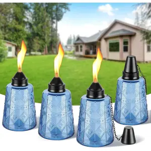 4-Pack Glass Table Top Torches - 12oz Refillable Citronella Torches Canisters for Outdoor, Includes Wick & Cap, Decorative Lanterns for Patio, Garden, Yard, Party, Landscape(Blue)