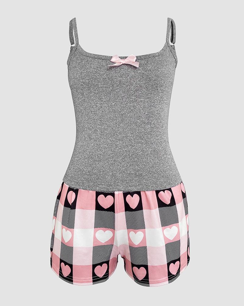 ChicMe Women's 2 Pieces Outfit Bowknot Decor U-Neck Adjustable Spaghetti Straps Cami Top and Heart & Plaid Print Elastic Waist Shorts Set Casual Pajamas Set
