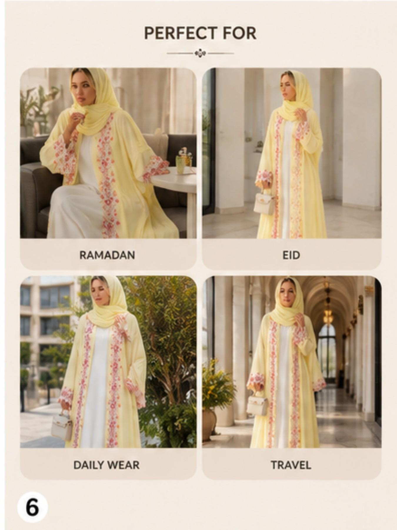 Hafizah Luxury Floral Lace Open Abaya for Women | Elegant Butterfly Yellow Dubai Style Kimono Cardigan Modest Muslim Outerwear