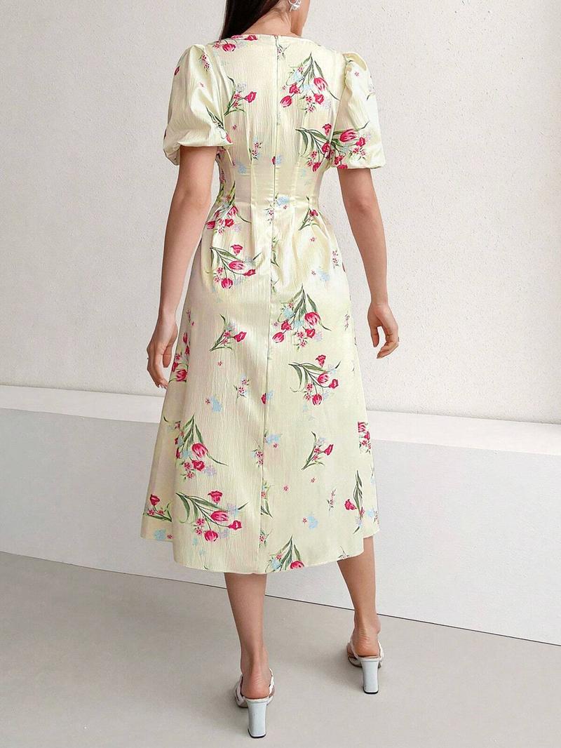 Women's Floral Print Puff Sleeve Dress, Elegant Short Sleeve A Line Dress for Party Holiday Wedding Guest, Ladies Clothes for All Seasons, Womenswear, Shortsleeve, Formal Dresses Women, Wedding Gown