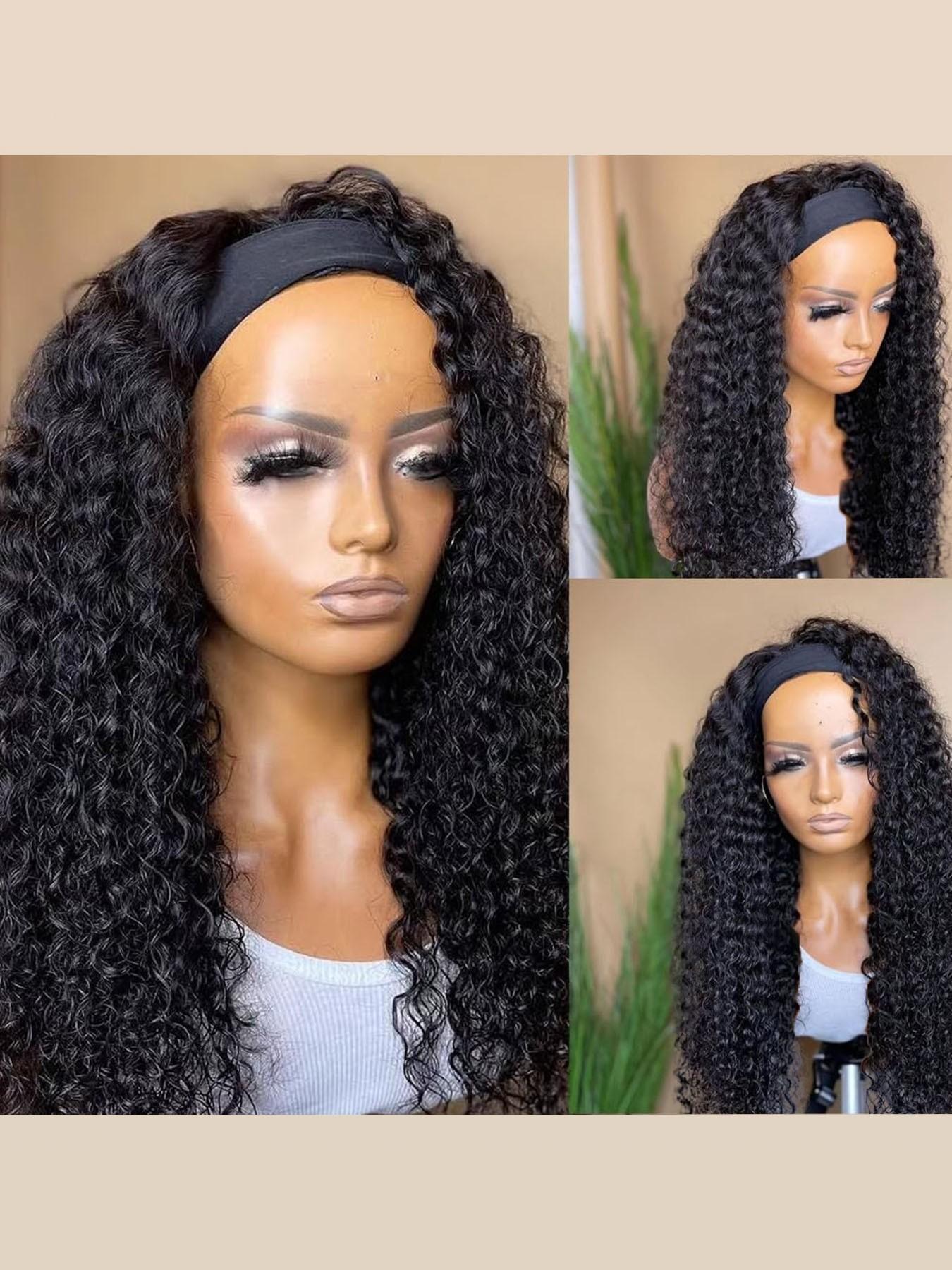 Headband Wig Synthetic Hair Deep Wave, Deep Wavy Hair, 24 Inch Glueless Brazilian Virgin Hair, No Lace Front, Machine Made, for Women