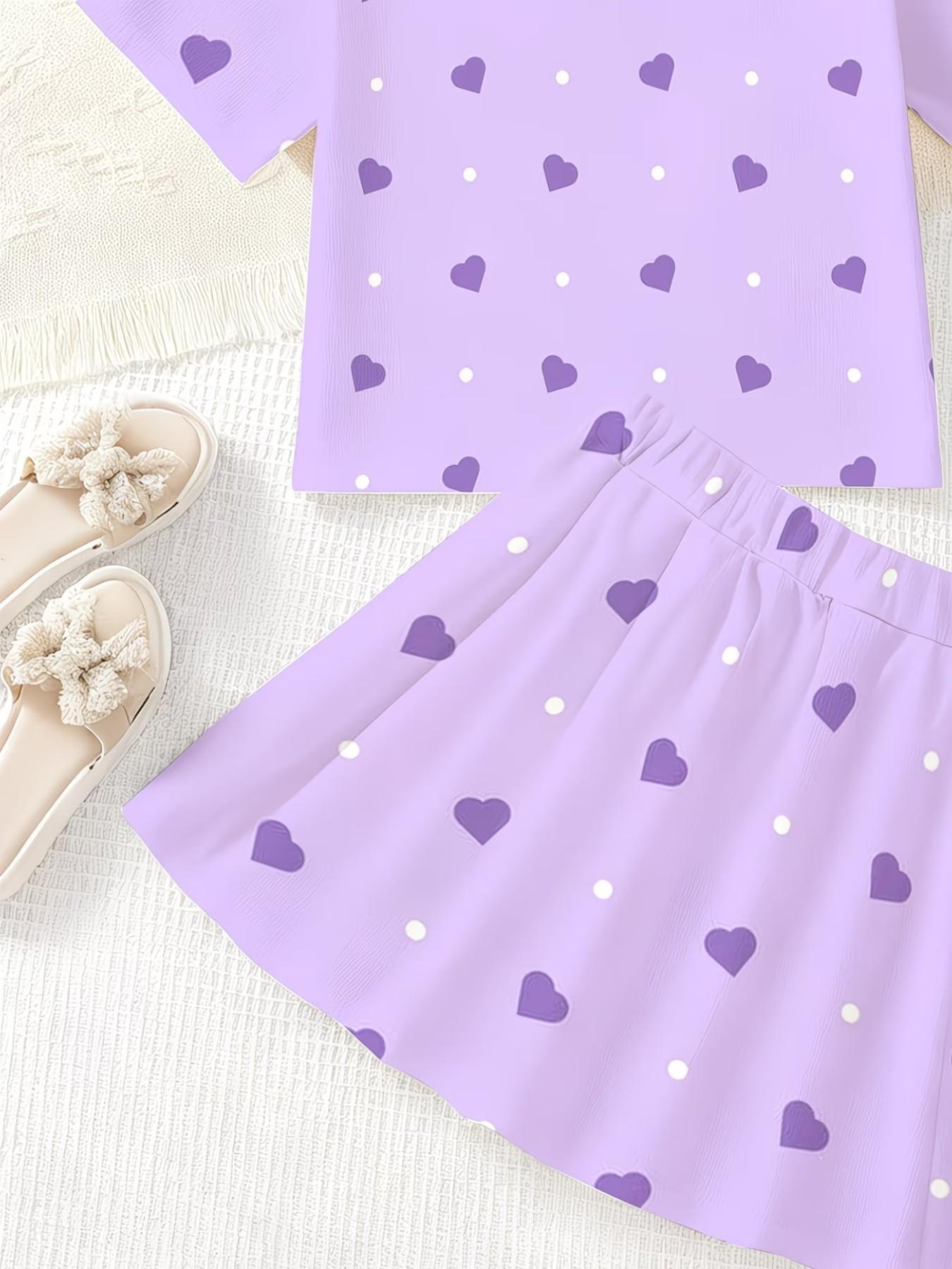 Girls' 3D Heart Print Capybara Pattern Set, Casual Slim-Fit T-Shirt and Skirt, Summer Daily Wear, Round Neck Short Sleeve