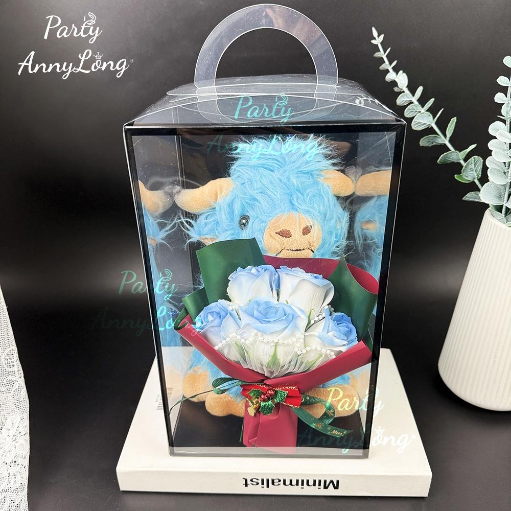 Christmas Highland Cow Plush Toy with Artificial Rose Bouquet, 1-Set Cute Cow Design Plush Home Decoration, Holiday Gift for Loved Ones