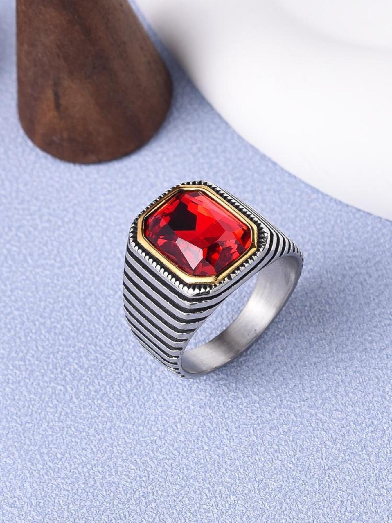 Men's Luxury Gemstone Ring, 18K Gold Plated Stainless Steel, Red Corundum Square Diamond with Strong Design Sense