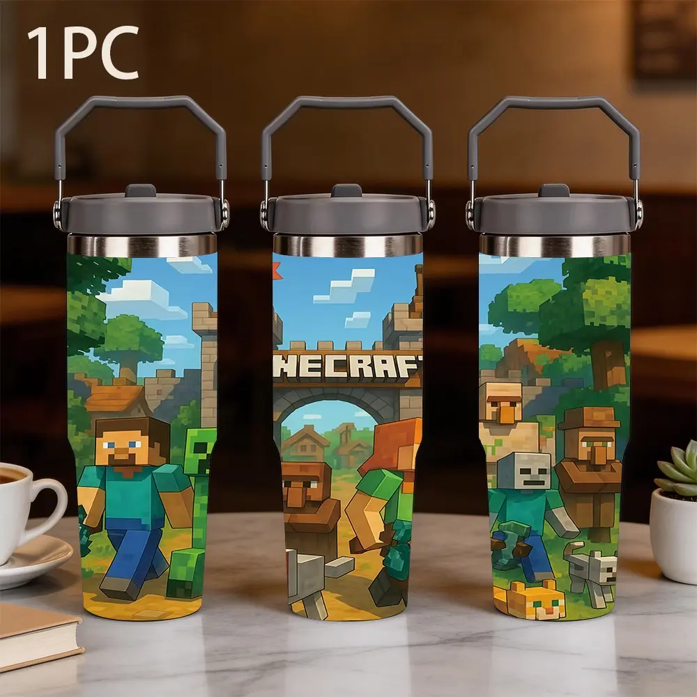 1pc 30oz large-capacity portable insulated cup with pixel patterns of all MINECRAFT castle characters printed on it, featuring a pixel sandbox style, 304 stainless steel vacuum double-layer insulation, a rotating seal lid and a gray portable handle