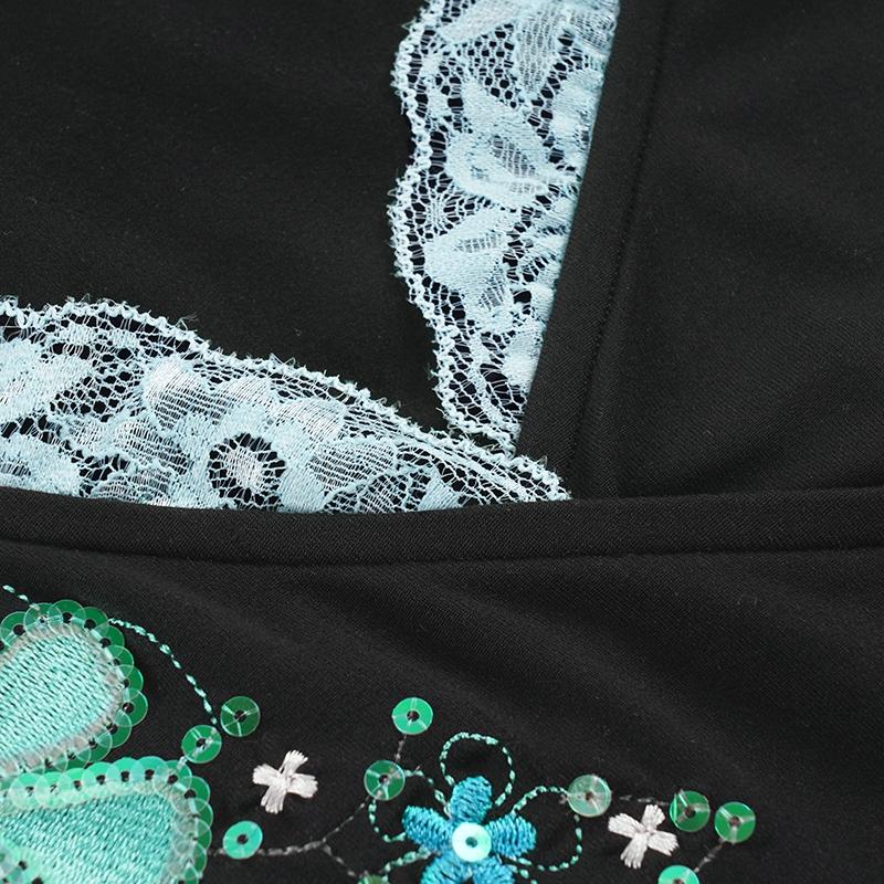 Holiday Style Floral Embroidery Sequin Top, Slim Fit Lace V Neck Short Sleeve Summer T-Shirt, Fashion Drawstring Design, Casual Daily Wear, Trendy Summer Tee