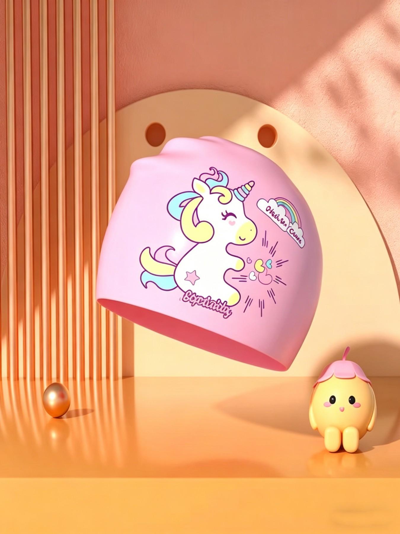 Silicone Swim Cap, Waterproof, Non-Irritating, Unisex, Large Size, High Elasticity, Cartoon Swan Print, Ideal for Boys and Girls