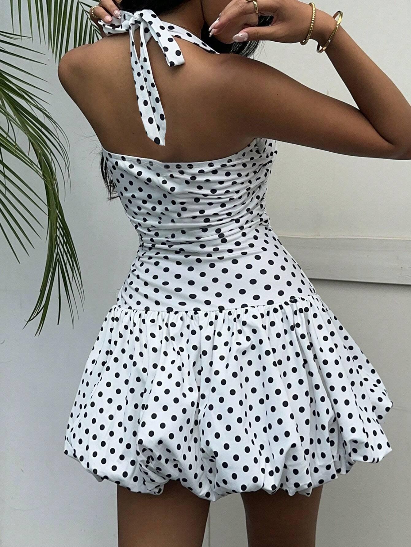 Elegant Fashion Spring Summer Sleeveless Square Neck Halter Dress, Polka Dot Waist Cinching Flower Bud Design, Women's Casual Wear, Womenswear