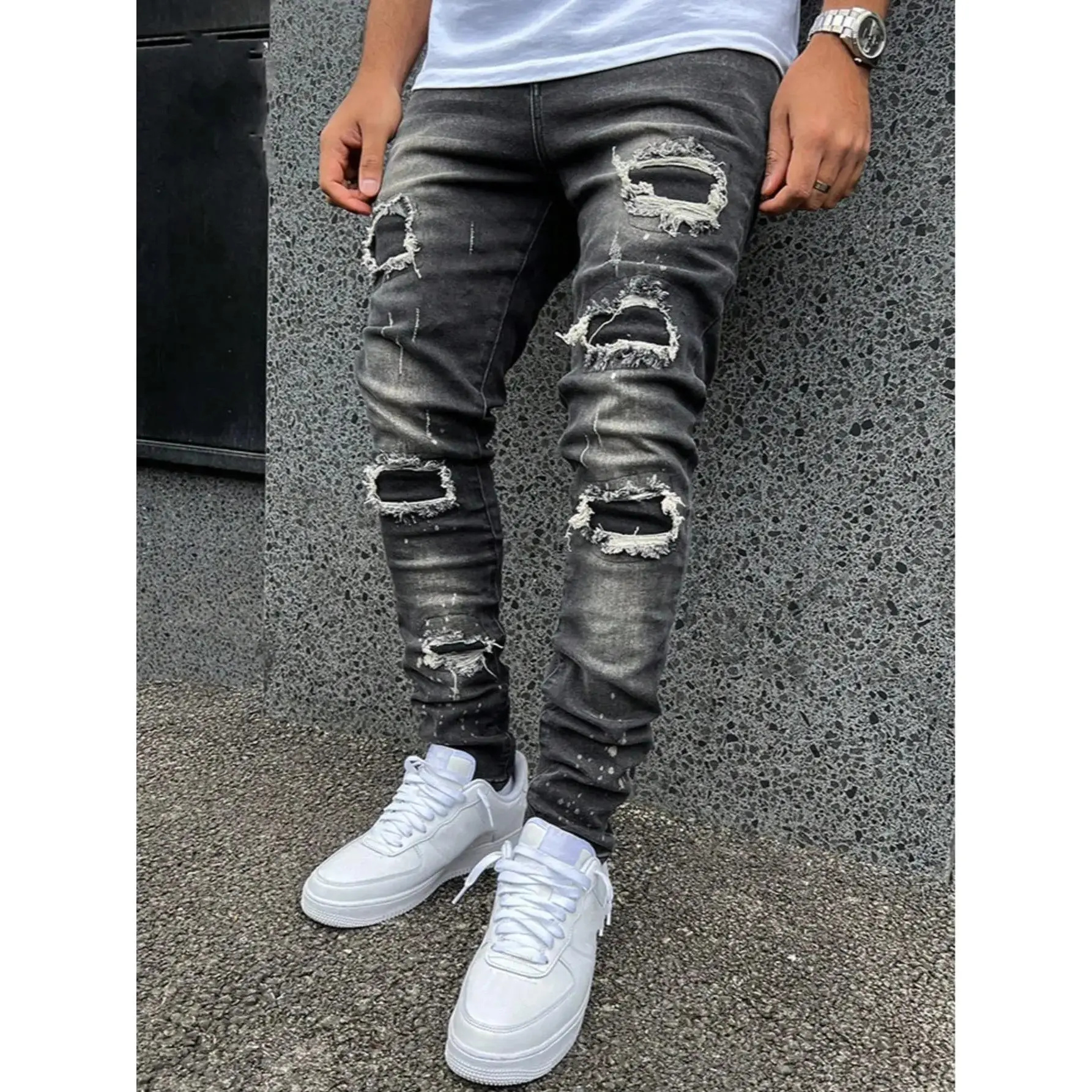 YYT1 New Men's Black Washed Distressed Ripped Stretch Skinny Jeans Stylish Stacked Streetwear Male Pants with Paint Splatter Menswear Deals You Days