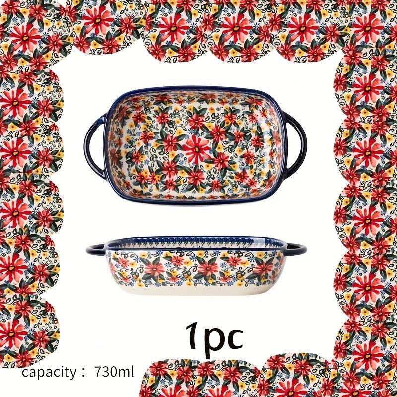 Floral Ceramic Baking Dish, Rectangular Casserole Dish, Bakeware, 730ML Rectangular Serving Bowl with Handle, Ideal for Rice, Salad & Cheese, Elegant Kitchen Accessory