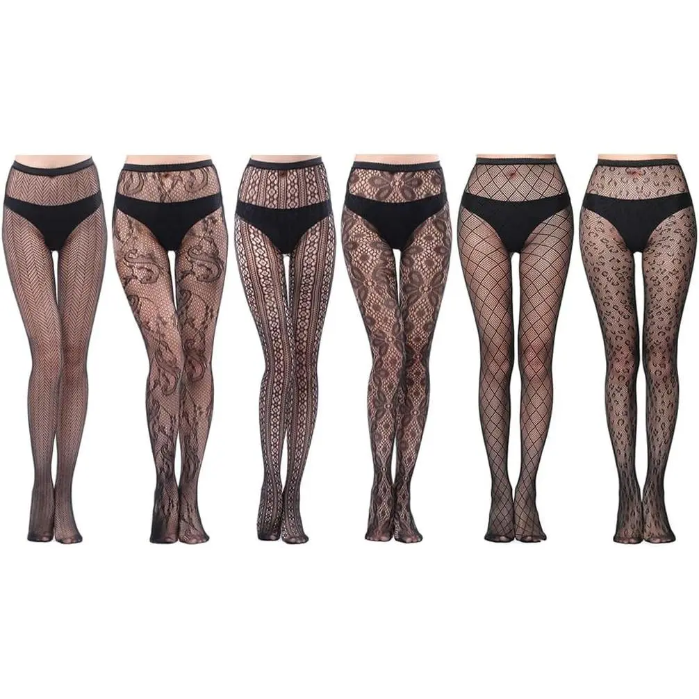 6 Pairs Lace Patterned Fishnet Tights Floral Stockings Small Hole Net Pantyhose LeggingsGift