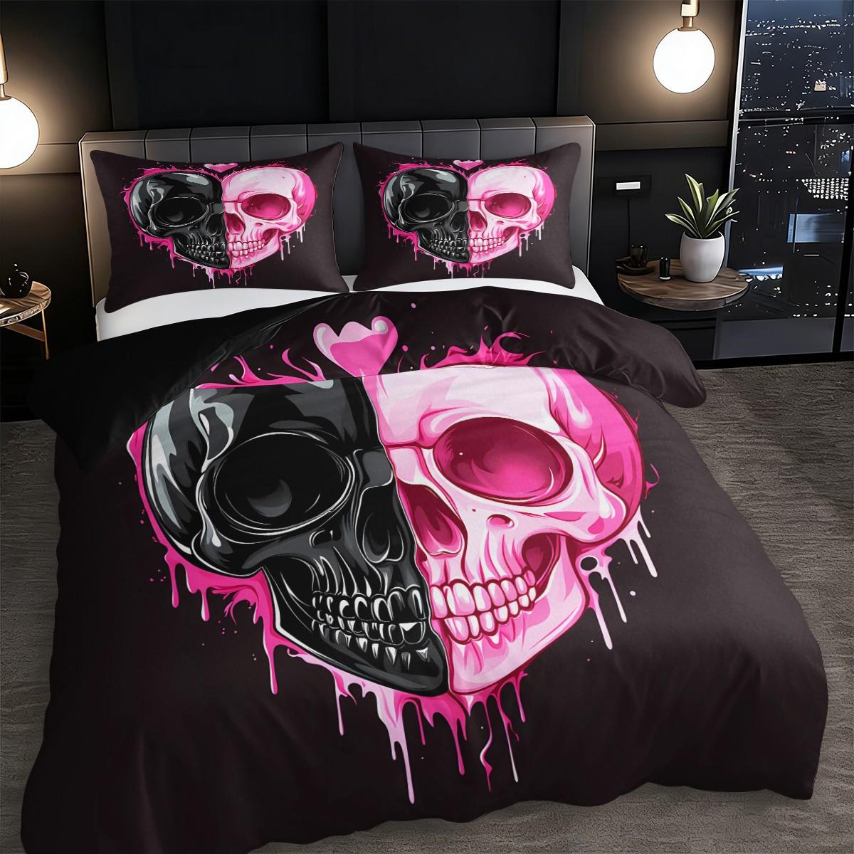 3pc Black and pink patchwork skull bedding Set, Decorative bedding set, including 1 duvet cover and 2 pillowcases, suitable for single and double beds, with multiple sizes available, ideal for bedrooms, dormitories, hotel apartments