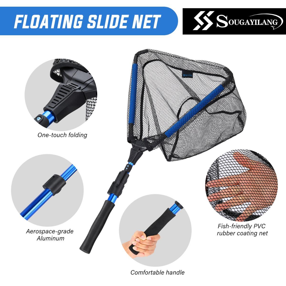 Floating Fishing Net with Rubber-Coated Base for Easy Catching of Steelhead, Salmon, Fly Fish, Catfish, Bass, Trout, Portable Collapsible Stretchable Fish Net