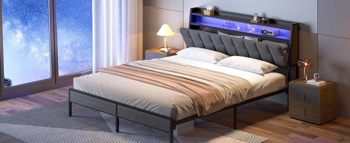 Flexpedic Full Queen Bed Frame, Ergonomic Headboard with Multi-Space Storage, Bedframe with Charging Station RGB LED Lights Flexpedic Full Queen Bed Frame, Ergonomic Headboard with Multi-Space Storage, Bedframe with Charging Station RGB LED Lights